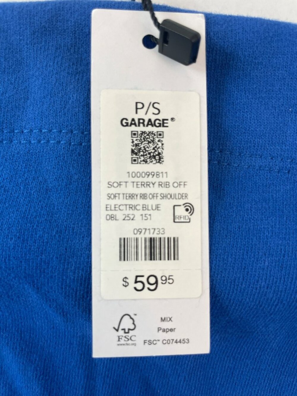 Garage Soft Terry Rib Off Shoulder Sweatshirt Electric Blue Wmn's Size S $60 NWT - Picture 6 of 7